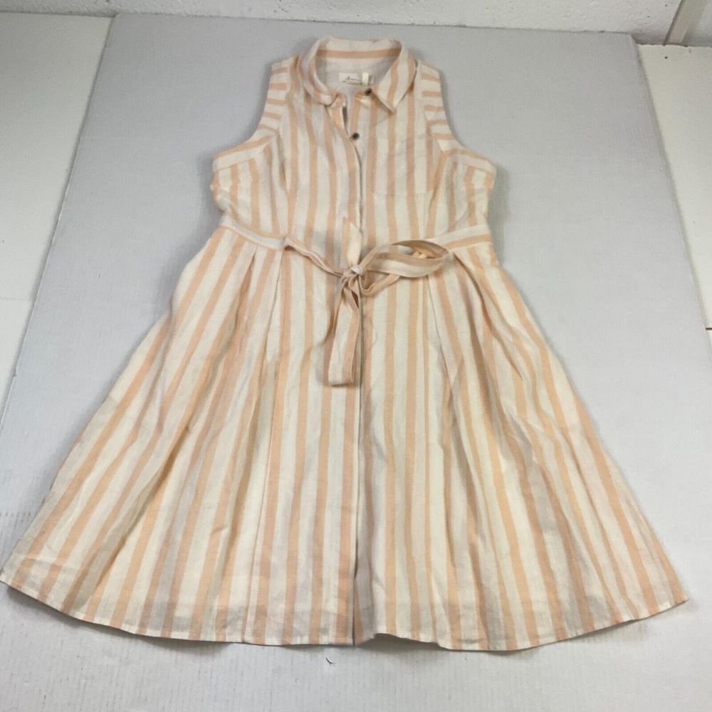 Anthropologie Billie Linen Blend Shirt Dress Striped Sleeveless Belted Size 8